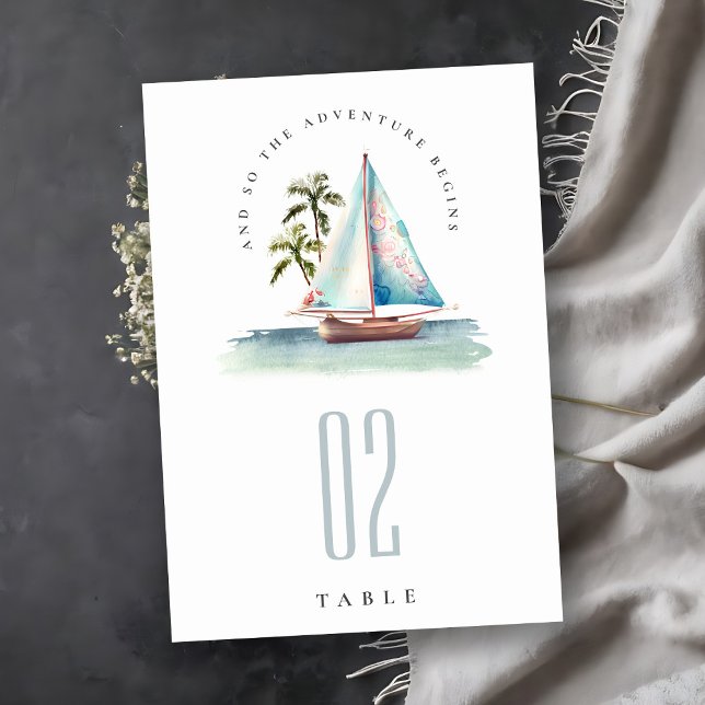 Numeração De Mesa Casamento Elegante Dusky Teal Sailboat Palm Seasca (Criador carregado)