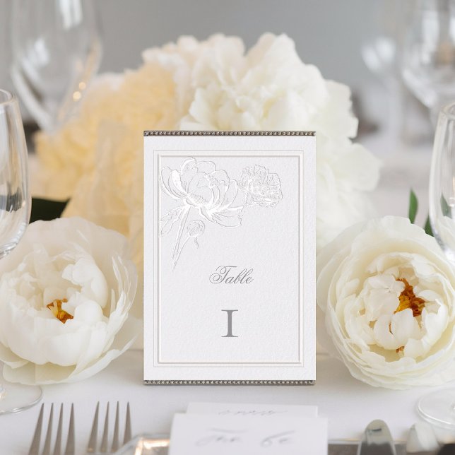 Numeração De Mesa Casamento Elegante Formal De Peonies Ivory (peony wedding table card formal modern classic traditional calligraphy double frame faux embossed)