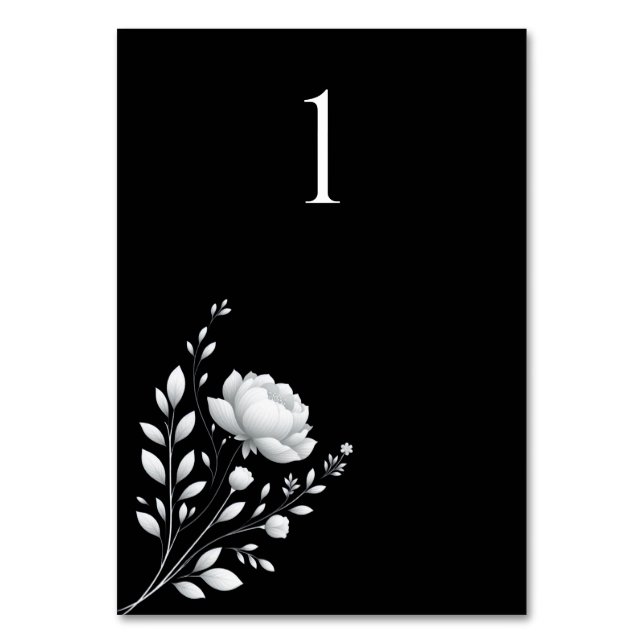 Numeração De Mesa Casamento Elegante Moderno Negro e Flores Brancas (Frente)