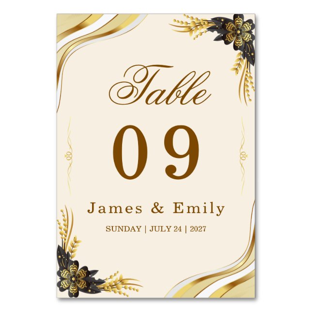 Numeração De Mesa Casamento Elegante Preto e Dourado (Frente)