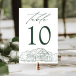 Numeração De Mesa Casamento Elegante Rustic Barn<br><div class="desc">Cartões de números de tabela de celas russas com uma ilustração esboçada de um celeiro verde e floresta no fundo do design com fundo branco. A "Mesa" aparece na caligrafia verde elegante com o número da tabela abaixo. Design repete-se no lado oposto. Para solicitar as placas de mesa, basta adicionar...</div>