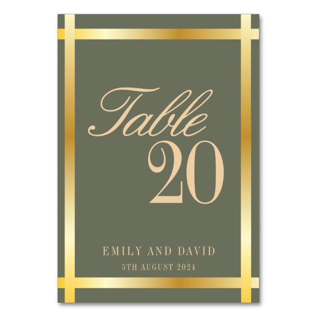 Numeração De Mesa Casamento Elegante Sage Green e Fronteiras Ouros (Frente)