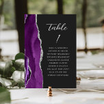 Numeração De Mesa Casamento Escuro Agate Purple Silver Modern Script<br><div class="desc">A borda esquerda desta elegante e moderna placa de número da mesa de casamento apresenta uma cor d'água roxa, borda agitada com falso brilho prateado. A palavra "mesa" aparece em um guião de escrita manual de cinzas prateadas sobre fundo preto. Adicione os nomes dos seus convidados que estão atribuídos a...</div>