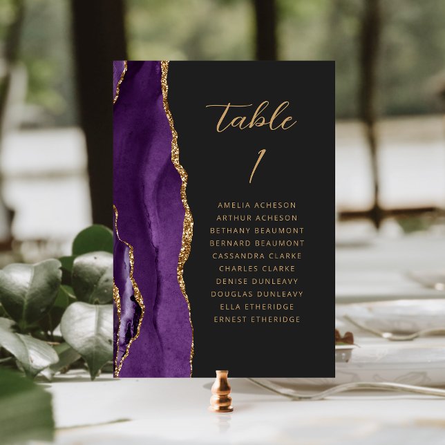 Numeração De Mesa Casamento Escuro Moderno Script Roxo Ágata Dourado (Criador carregado)