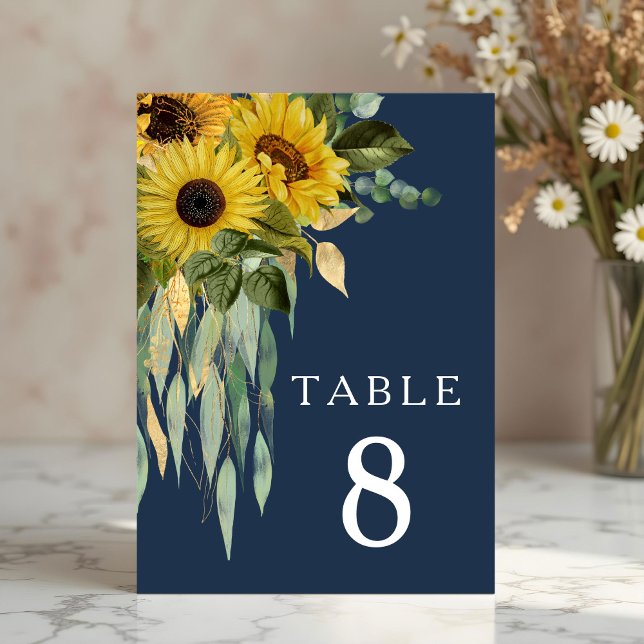 Numeração De Mesa Casamento Eucalyptus De Girassol Floral marinho Az (Navy Blue Floral Sunflower Eucalyptus Wedding Table Number)