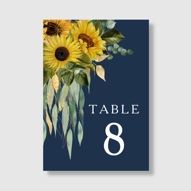 Numeração De Mesa Casamento Eucalyptus De Girassol Floral marinho Az (Navy Blue Floral Sunflower Eucalyptus Wedding Table Number)