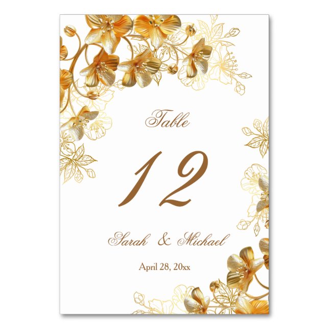 Numeração De Mesa Casamento Floral 3D Dourado   (Frente)