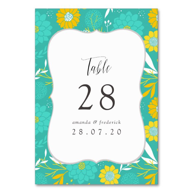 Numeração De Mesa Casamento Floral Amarelo e Teal (Frente)
