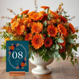 Numeração De Mesa Casamento Floral Azul de Marinho Laranja de Outono