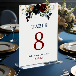 Numeração De Mesa Casamento floral azul Elegante marinho burgundy