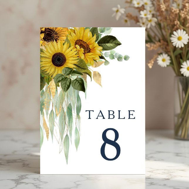 Numeração De Mesa Casamento Floral Azul Marinho Elegante com Girasso (Elegant Navy Blue Floral Sunflower Wedding Table Number)