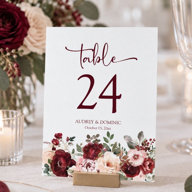 Numeração De Mesa Casamento Floral Bege Borgonha Chic (elegant moody romantic burgundy blush floral wedding table numbers with custom name and wedding date)