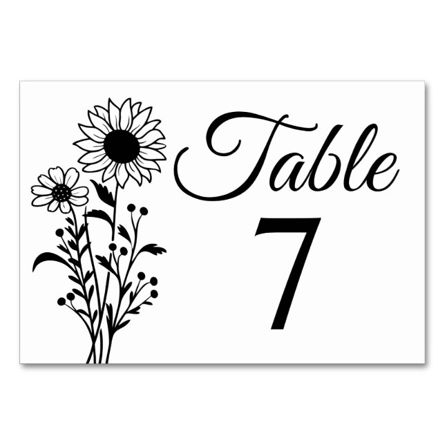 Numeração De Mesa Casamento Floral Black & White Boho Sunflower (Frente)