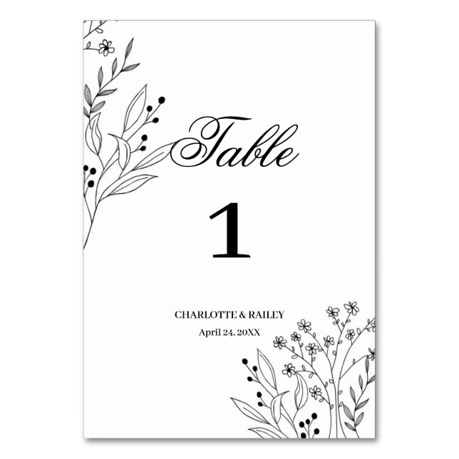 Numeração De Mesa Casamento Floral Boho de Canto Negro e Branco (Frente)