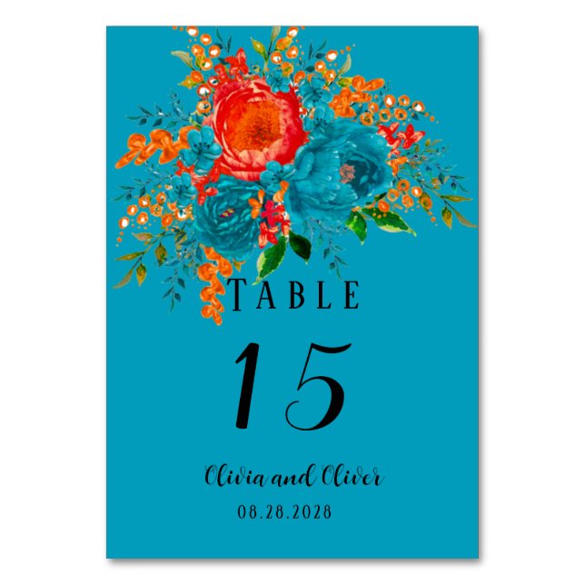 Numeração De Mesa Casamento Floral Botânico Vermelho Teal Laranja (Frente)