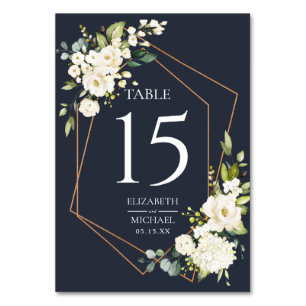 Numeração De Mesa Casamento Floral Branco Azul Geométrico de Cobre