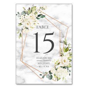 Numeração De Mesa Casamento floral branco de mármore geométrico de