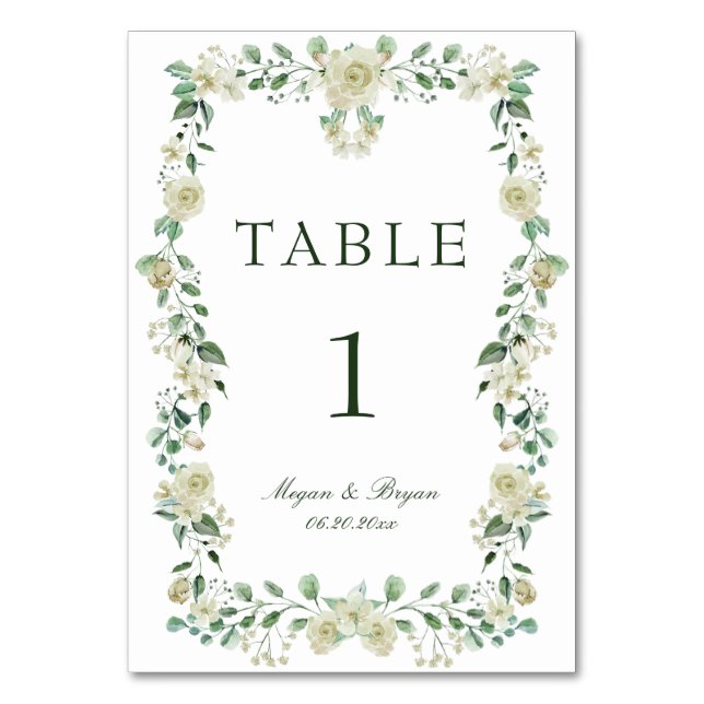 Numeração De Mesa Casamento Floral Branco Elegante Greenery (Frente)