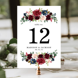 Numeração De Mesa Casamento Floral Burgundy e Azul Naval Elegante
