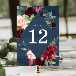 Numeração De Mesa Casamento Floral Burgundy e Azul Naval Elegante