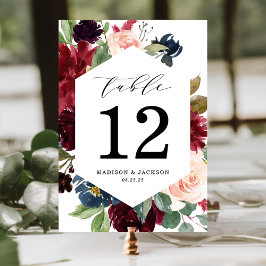 Numeração De Mesa Casamento Floral Burgundy e Azul Naval Elegante