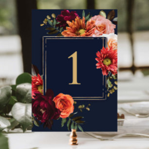 Numeração De Mesa Casamento Floral Burgundy Laranja Azul-Marinho Som