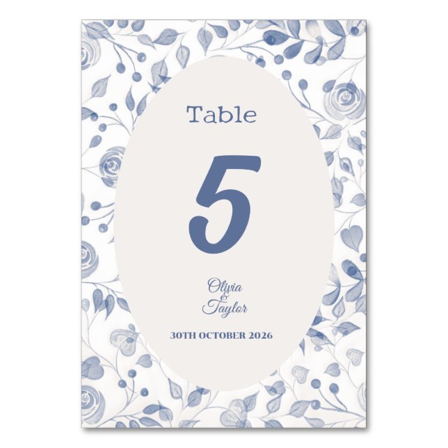 Numeração De Mesa Casamento Floral com Aquarela Azul Desbotada (Frente)
