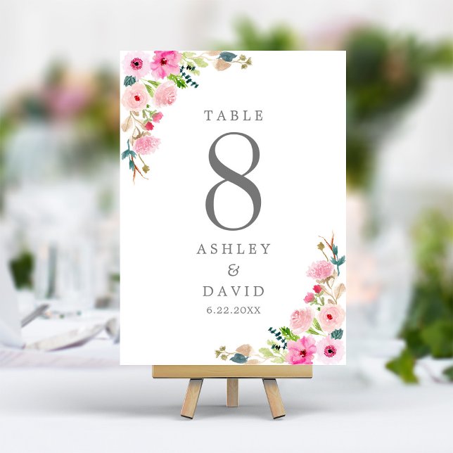 Numeração De Mesa Casamento Floral com Primavera de Aquarela Rosa (Criador carregado)