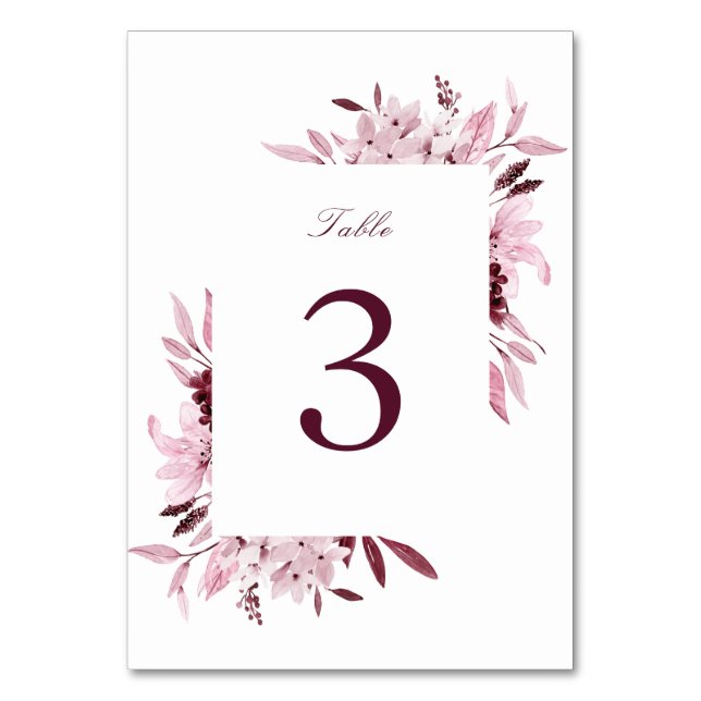 Numeração De Mesa Casamento Floral de Aquarela com Tom Burgundy Mode (Frente)