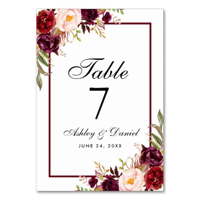 Numeração De Mesa Casamento Floral de Burgundy Watercolor (Frente)