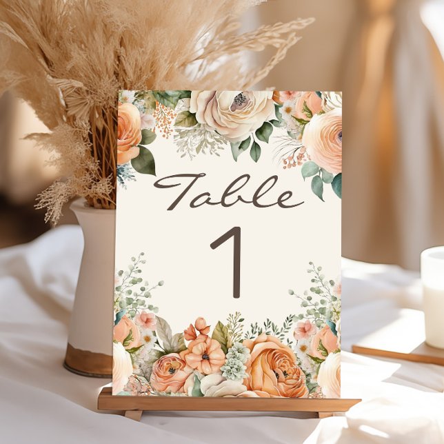 Numeração De Mesa Casamento Floral de Eucalipto Branco com Rosa Eleg (Elegant peach and cream-colored watercolor floral wedding table number)