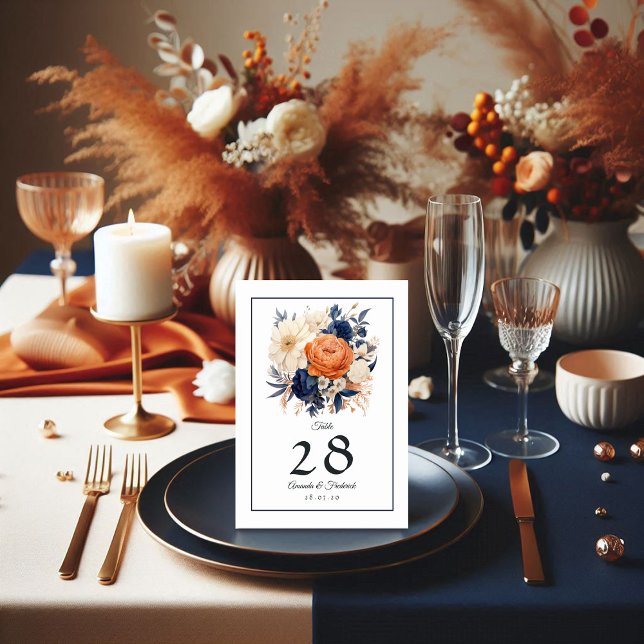 Numeração De Mesa Casamento Floral de marinho Azul, Laranja Queimado (Navy Blue, Burnt Orange and Champagne Floral Wedding Table Number)