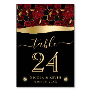 Numeração De Mesa Casamento Floral de Mármore Vermelho Preto e Doura