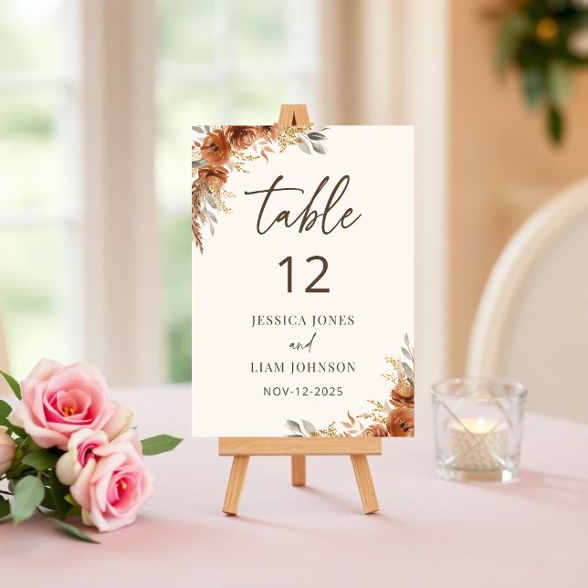 Numeração De Mesa Casamento Floral de Outono Boho Rústico em Terraco (Terracotta Boho Rustic Fall Floral Wedding Table Number)