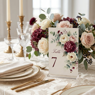 Numeração De Mesa Casamento Floral de Outono com Aguarela em Borgonh