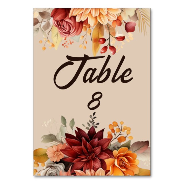 Numeração De Mesa Casamento Floral de Outono em Terracota Clara (Frente)