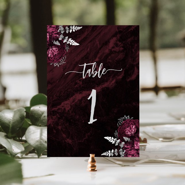 Numeração De Mesa Casamento Floral de Prata Burgundy Elegante (Criador carregado)