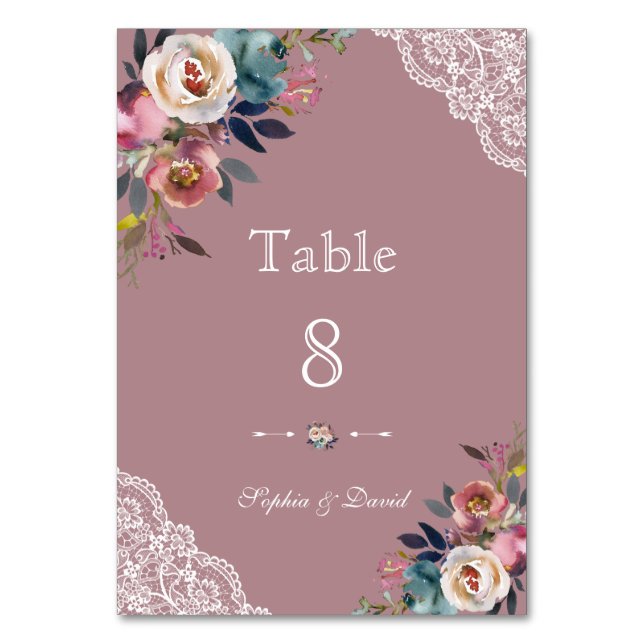 Numeração De Mesa Casamento Floral de Rosa de Poeira Azul Encharcado (Verso)