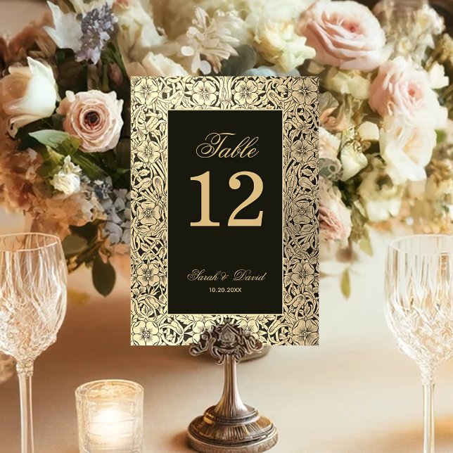 Numeração De Mesa Casamento Floral de Script Elegante Dourado Preto (Criador carregado)