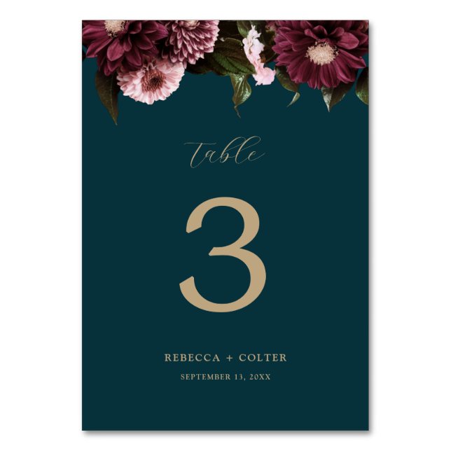 Numeração De Mesa Casamento Floral de Teal Burgundy Escuro Elegante (Frente)