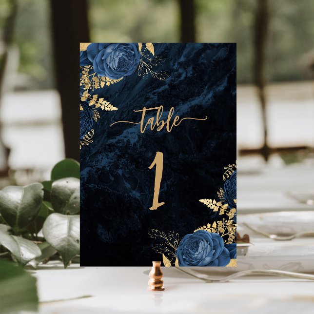 Numeração De Mesa Casamento Floral Dourado Azul-Marinho Elegante (Criador carregado)