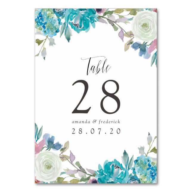 Numeração De Mesa Casamento Floral Dusty Blue e Turquoise (Frente)