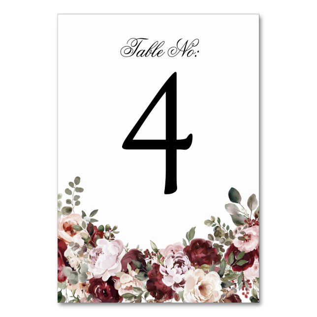 Numeração De Mesa Casamento Floral Elegante Burgundy & Blush Waterco (Frente)