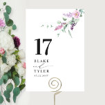 Numeração De Mesa Casamento Floral Elegante, Mínimo Colorido Pastel<br><div class="desc">Guie seus hóspedes para a mesa deles com este cartão elegante da mesa de casamento. Na moda e design simples com nomes para o lado, juntamente com o "e" na caligrafia moderna manuscrita. Delicar detalhes florais de cor d'água com floração mauve, roxo empoeirado, lilás e flores de lavanda. Informações sobre...</div>