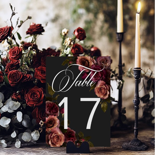 Numeração De Mesa Casamento Floral Elegante Moody Rust & Burgundy (Elegant Moody Muted Rust & Burgundy Floral Wedding Table Number Card)
