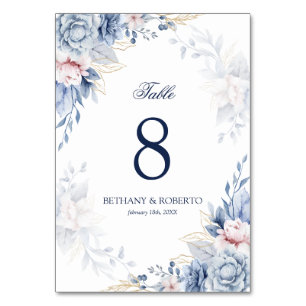 Numeração De Mesa Casamento Floral em Aquarela Azul Elegante