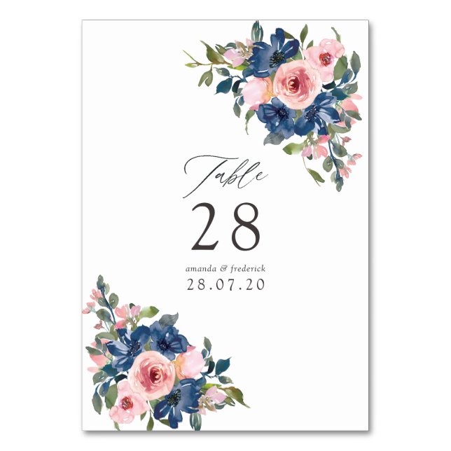 Numeração De Mesa Casamento Floral em Aquarela Azul Marinho e Rosa (Frente)