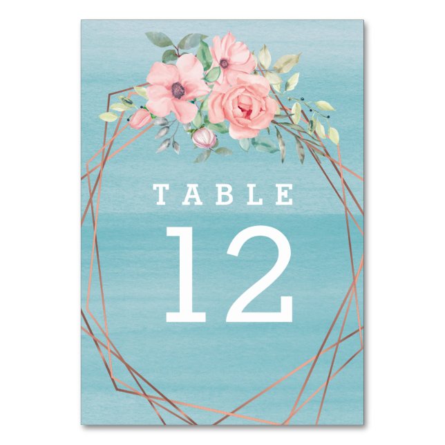 Numeração De Mesa Casamento Floral Geométrico Boho Aqua Rosa (Frente)