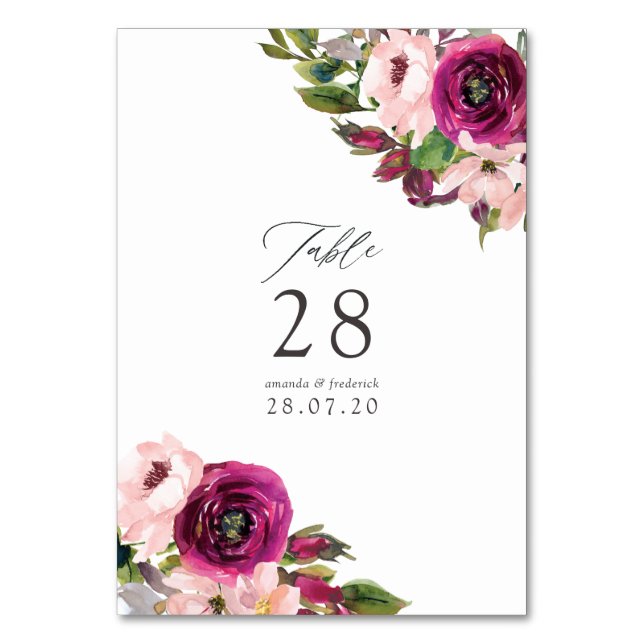 Numeração De Mesa Casamento Floral Marsala e Aquarela (Frente)