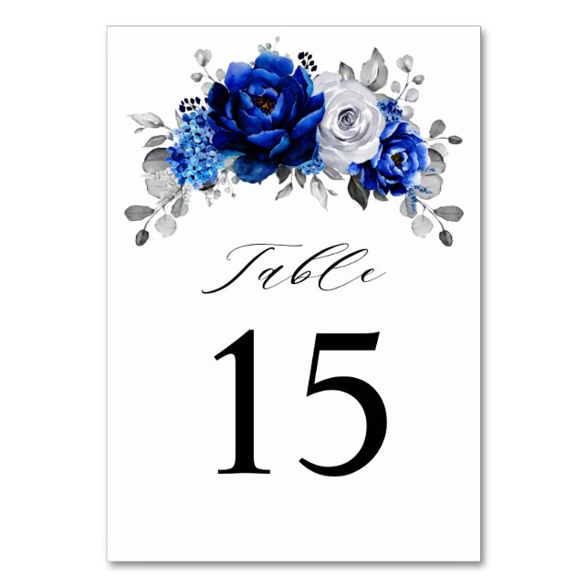 Numeração De Mesa Casamento Floral Metálico Real Blue Silver (Frente)